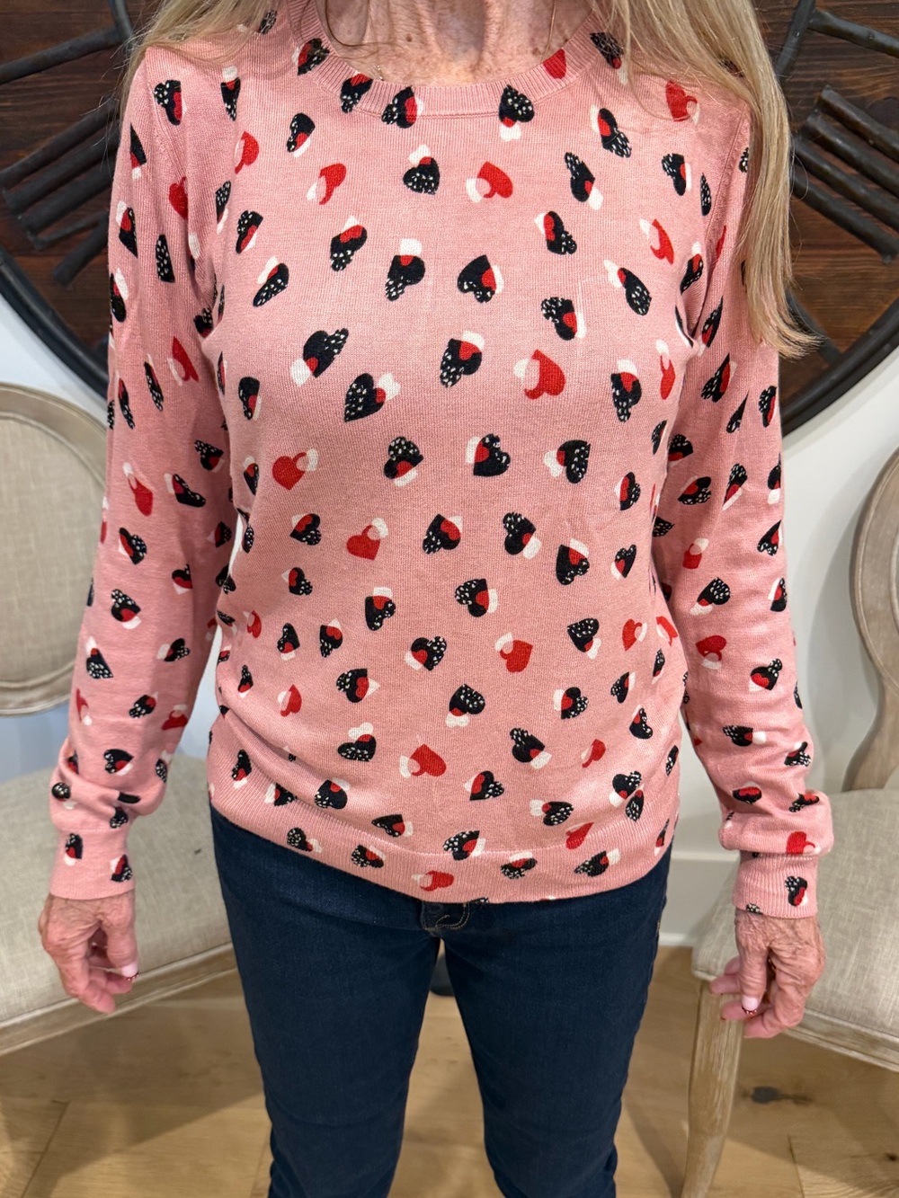 Daniel Rainn Pink Crewneck Sweater with Red and Black Heart Print